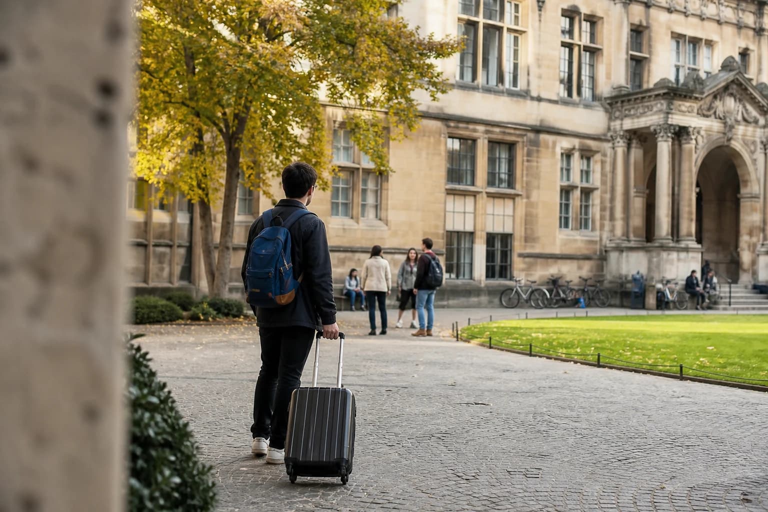 An international student arriving at a European university campus