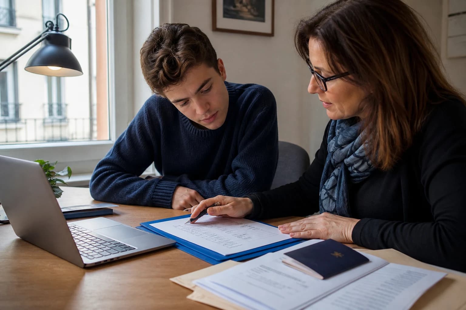 An advisor and student carefully preparing visa and admission documents