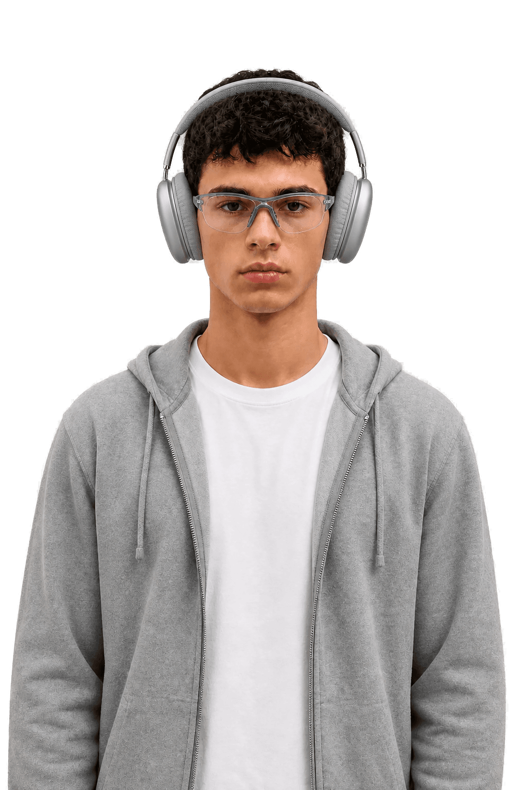 A student in casual clothes wearing blue glasses and headphones