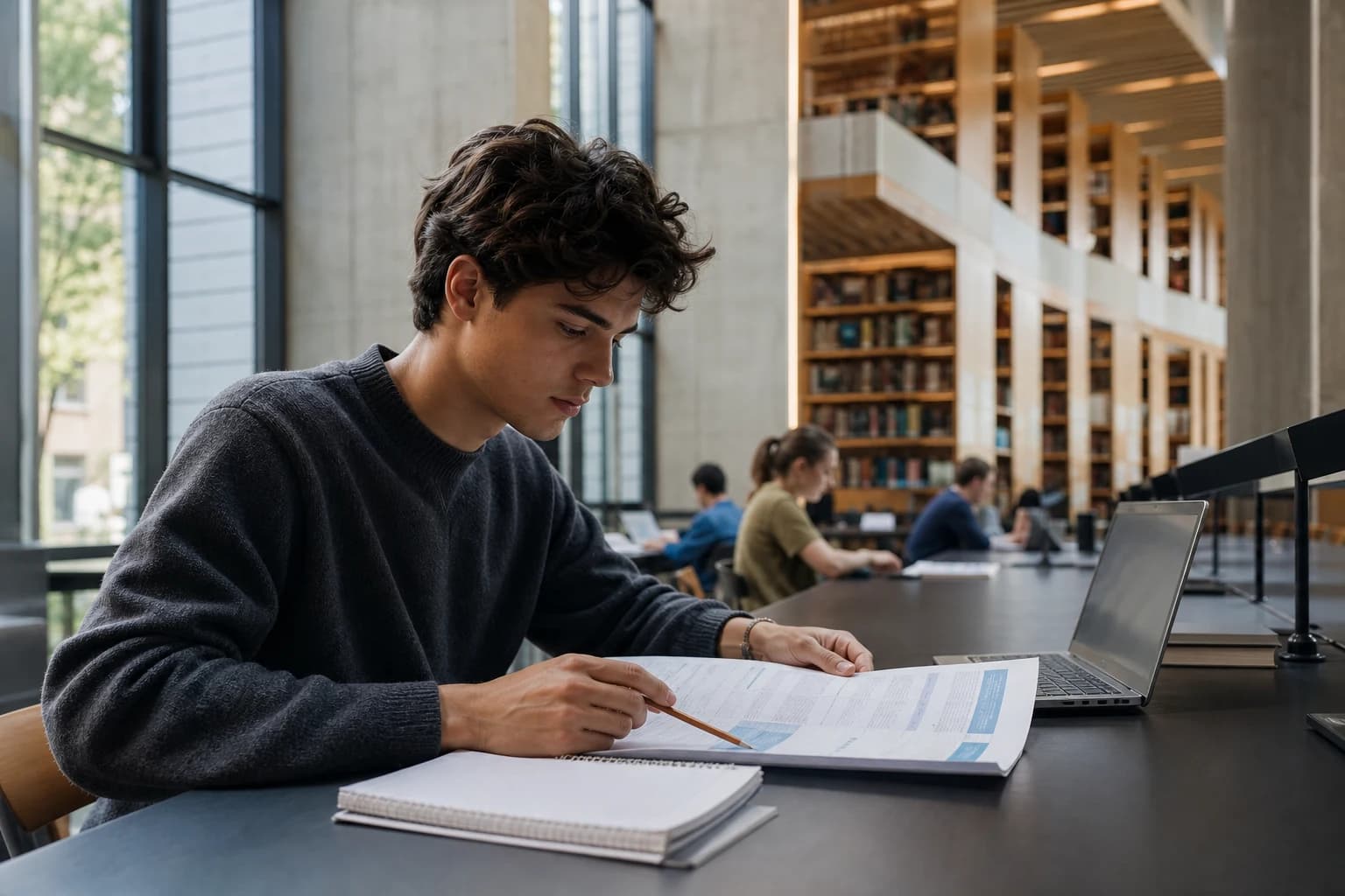 A prospective student comparing university programs in a modern library