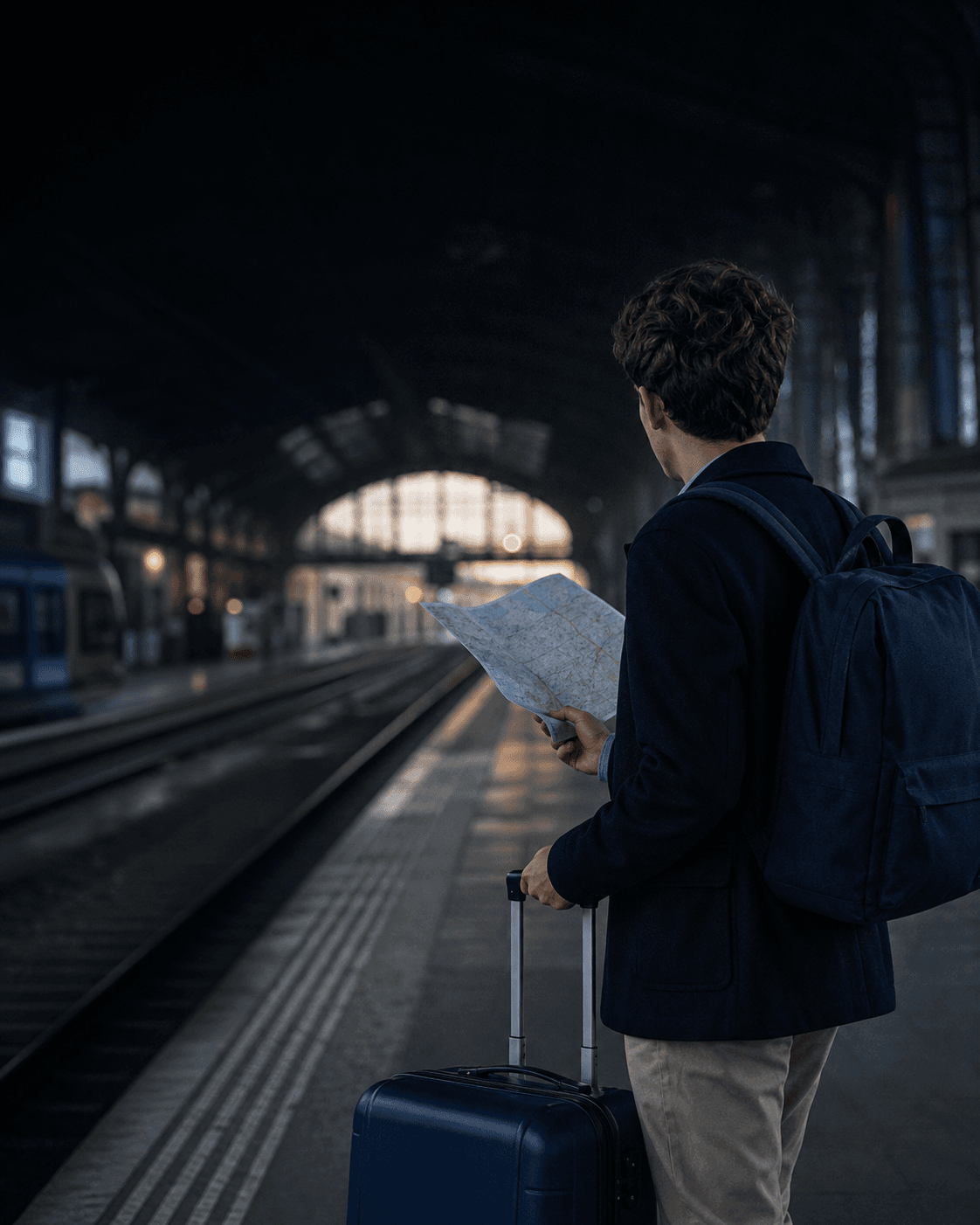 A student beginning a European rail journey with a map and suitcase